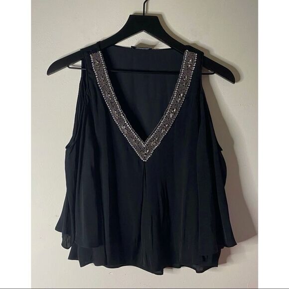 Astr The Label Black Cold Shoulder Beaded Top Size XS - Picture 1 of 7